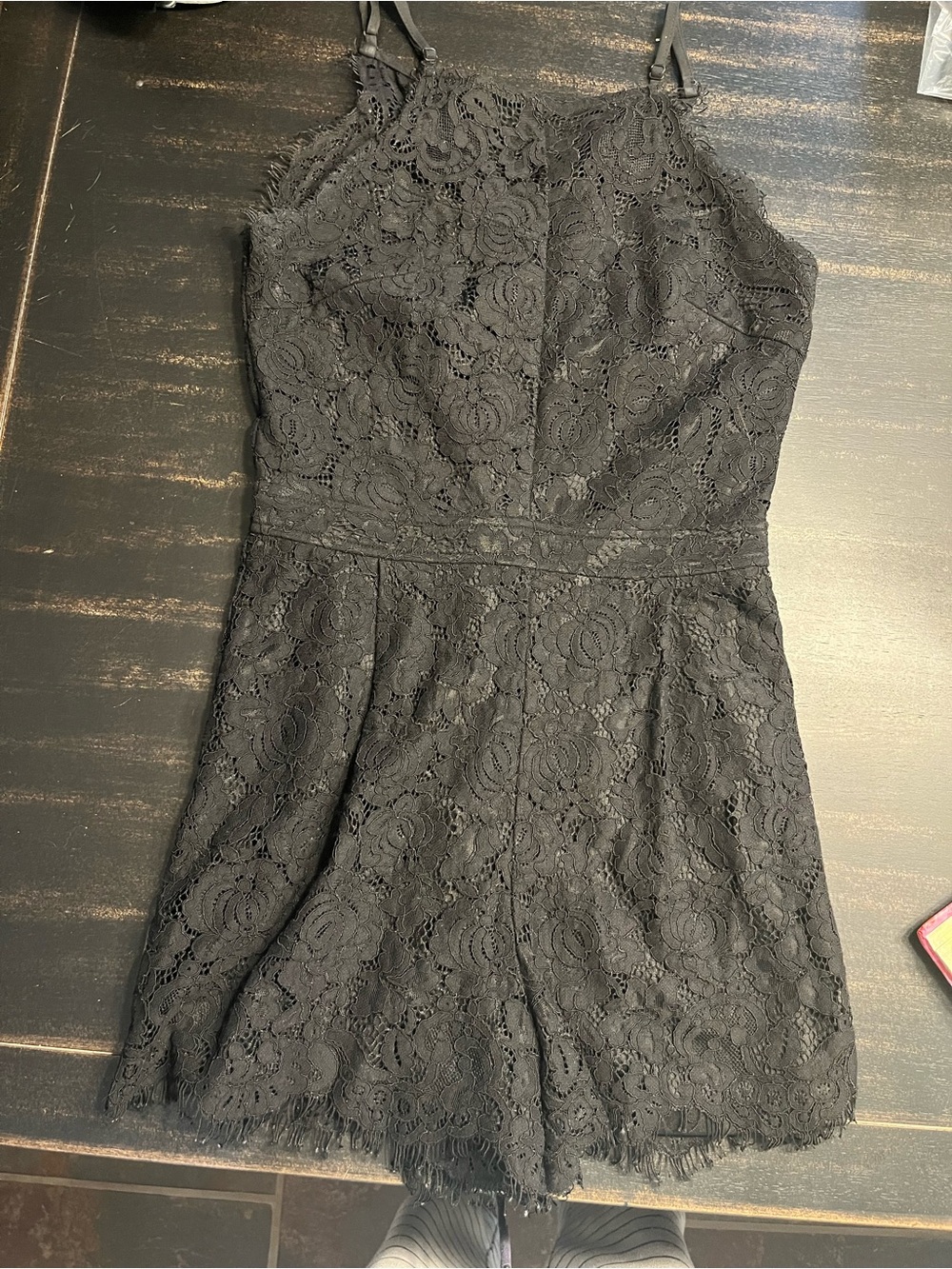 Francesca's Collections Black Lace Mini romper with Spaghetti Straps
